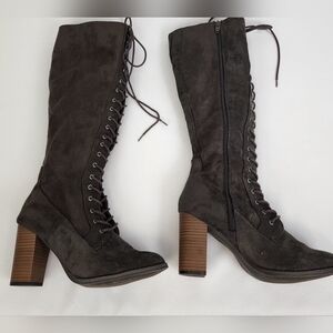 A New Day Brown Suede Heeled Knee High Lace Up Boots Size 10